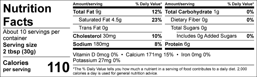 nippy cheese nutrition label